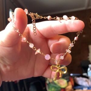Handmade Wire Wrapped Gold & Pink Bow Bracelet